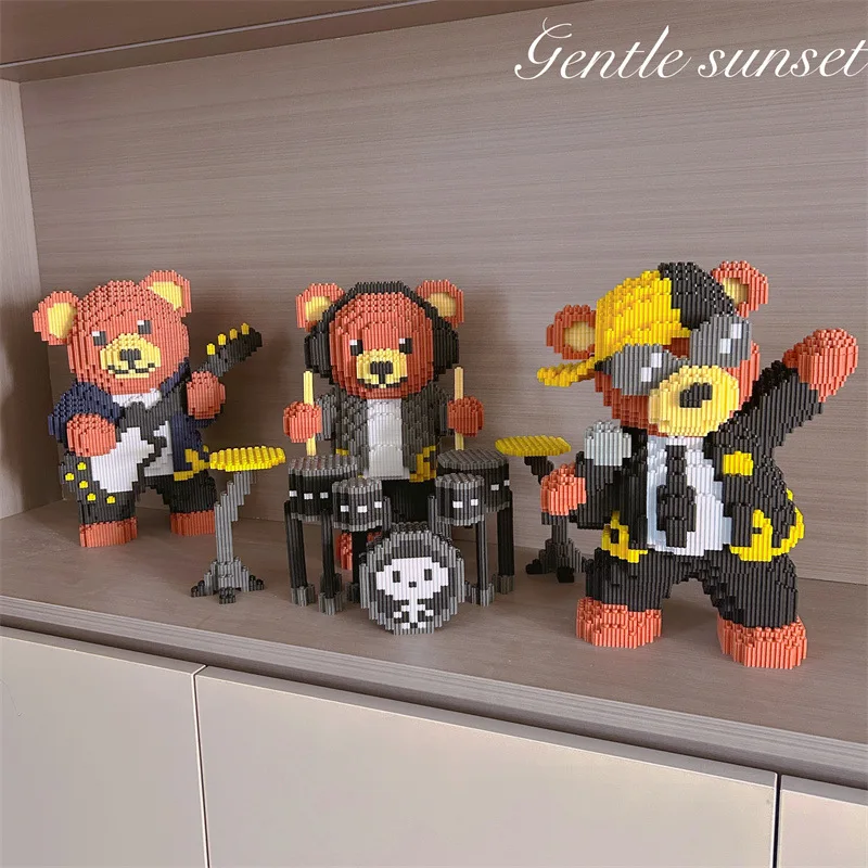Kawaii 3D DIY mapache juguete de bloques de construcción marrón música oso banda figura de fiesta modelo divertido Animal Kit de montaje regalo de cumpleaños