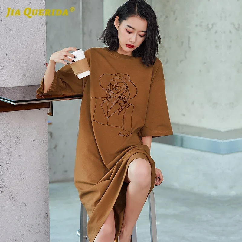 SUKAE 100% Cotton Punk Style Sleeping Dress Home Clothing Summer Short Sleeves Nightgown Long Sleepshirt Loose Chic Nightwear