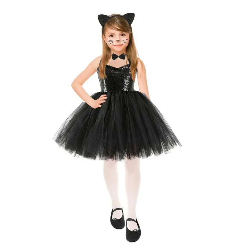 Halloween Child Animal Cat Cosplay Girls Costume Sequins Nylon Mesh Tutu Dress Headdress Tail Kids Birthday Party Fancy Dresses