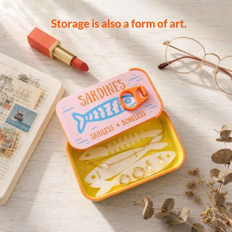 Mini Sardine Print Tin Storage Organizer Box Portable Rustproof Container for Jewelry Coins Pills Earbuds Home Use