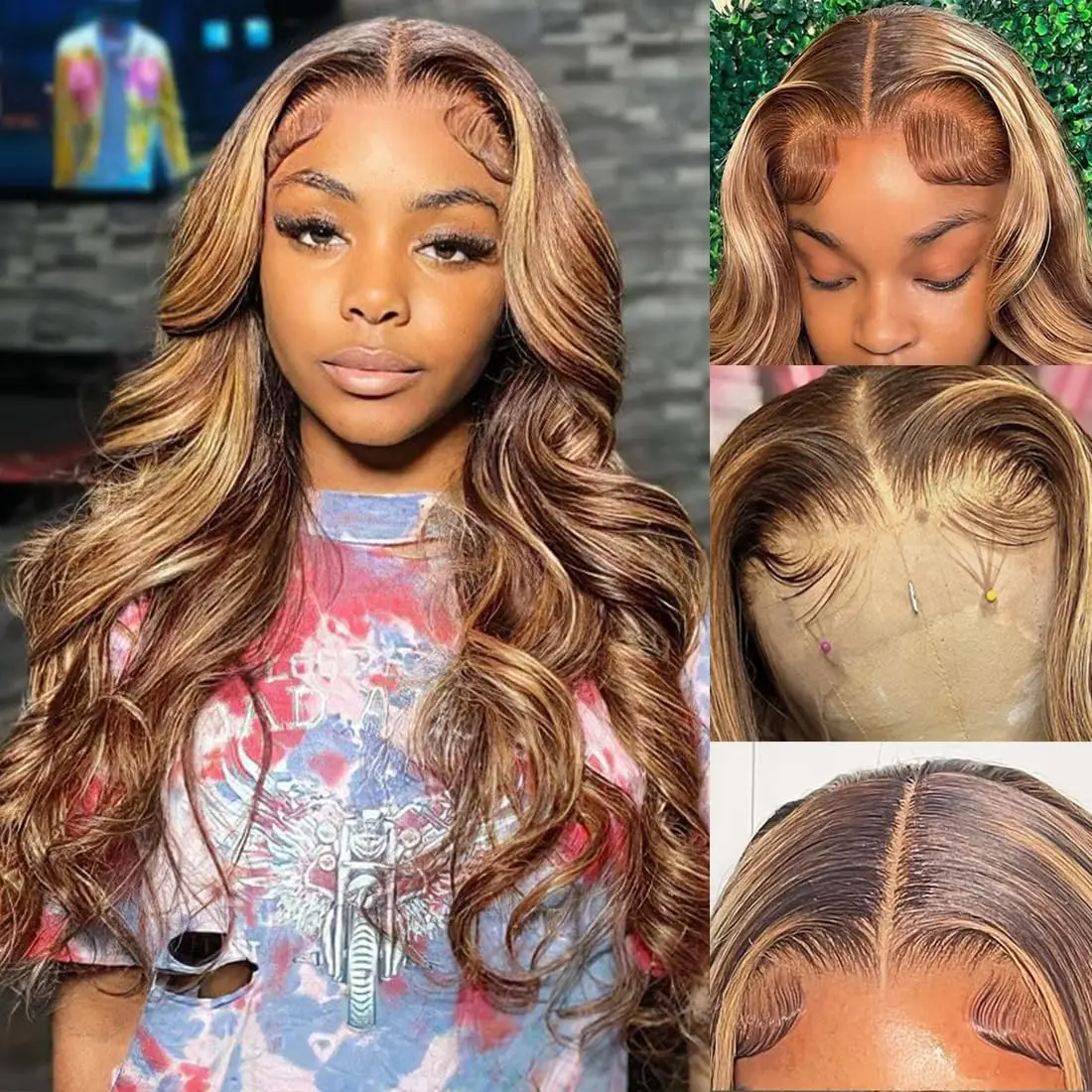 13x4 透明レースフロントウィッグ人毛4/27ハニーブロンドボディウェーブ女性用250%密度オンブレウィッグベビーヘア付き