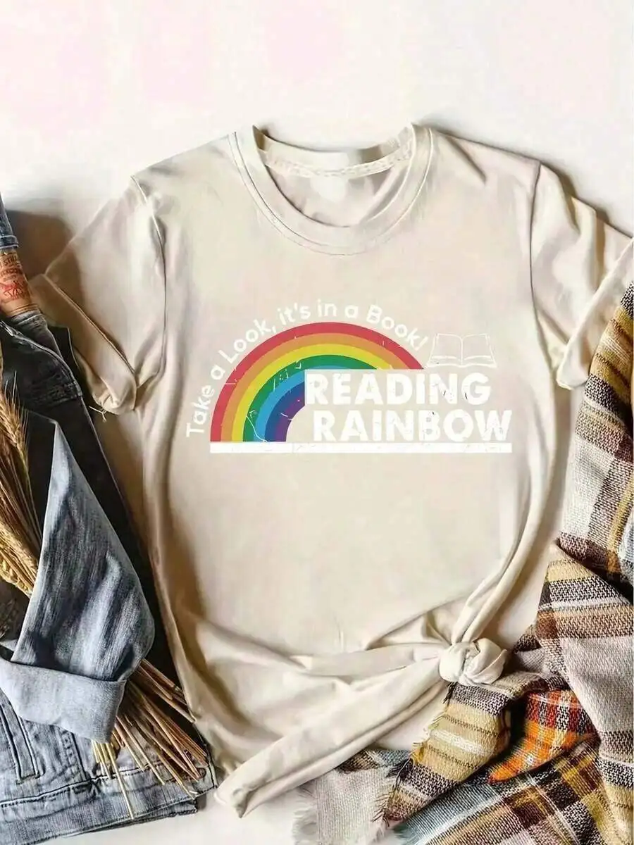2026 Summer Women Oversized T-Shirt, Reading Rainbow Book Graphic Print For Teacher & Book Lovers Soft Crew Neck Short Sleeve Tops, Ideal For Back To School & Valentine