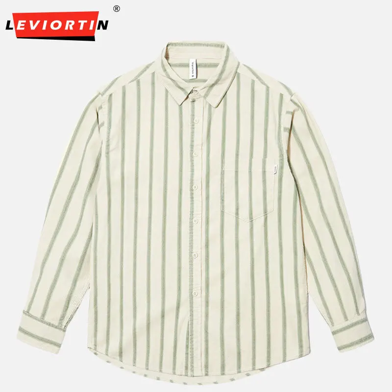 

2025 весенне-осенняя мужская универсальная модная удобная рубашка с карманами в полоску с длинным рукавом, повседневная свободная рубашка в стиле ретро
