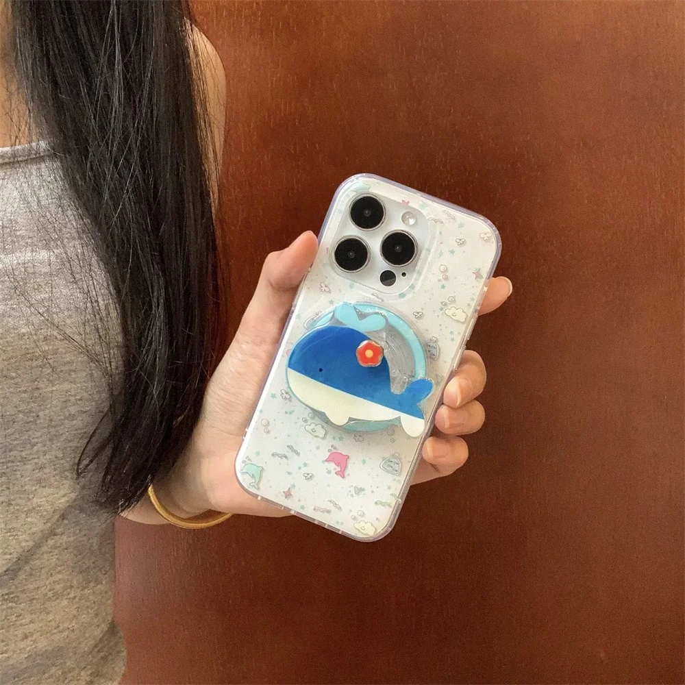 

Korea INS Marine Dolphin Magnetic Stand Cute Protective Cover for iPhone 16 15 14 13 Pro Max Luxury Fashion Lovely Phone Cases