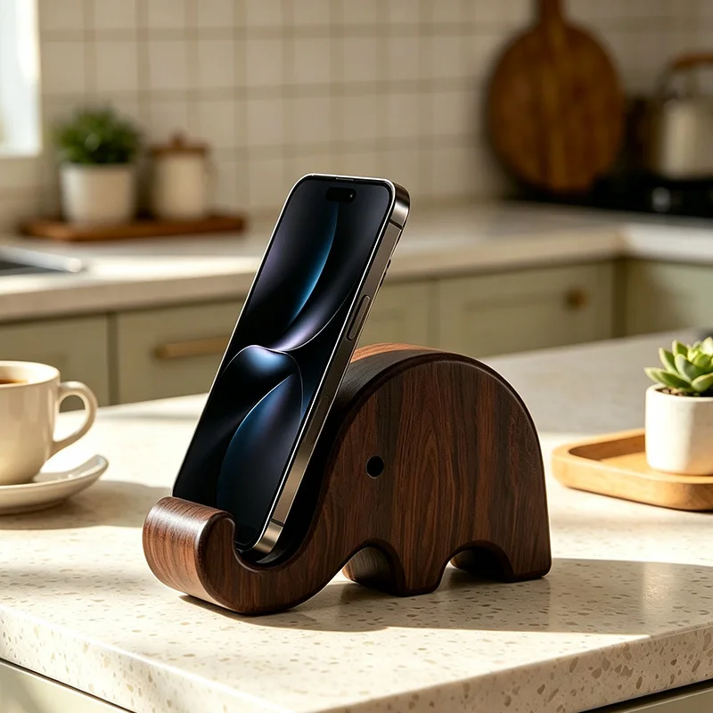 1PC Cute Elephant Solid Wood Phone Stand Desktop Lazy Holder Stable Non-slip Organizer Decorative Gift