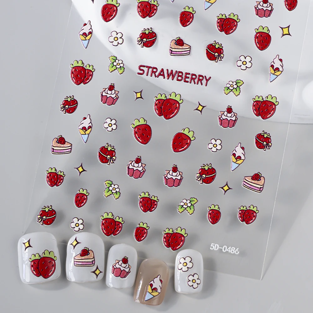 1 قطعة 5D الأحمر الفراولة الكرز مسمار ملصق Kawaii الصيف الفاكهة الآيس كريم لاصق الشارات القوس كعكة المتزلجون DIY بها بنفسك مانيكير الديكور