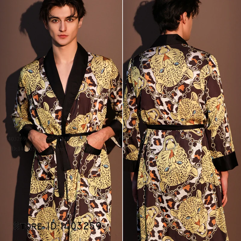 Men's Robe Homewear Sexy Print Tiger Kimono Bathrobe Gown Yukata Spring Summer New Sleepwear Negligee Loose Rayon Loungewear