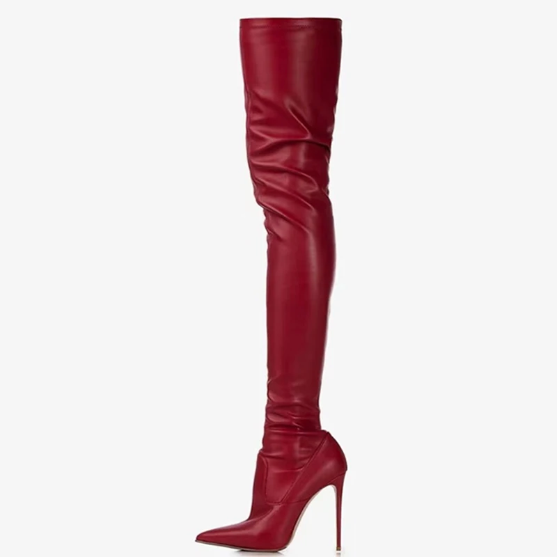 

Stretch Wide Fit Size 44 Skintight Pointed Toe Shoes Women's Thigh High Boots Matte Leather Over The Knee Long Booties