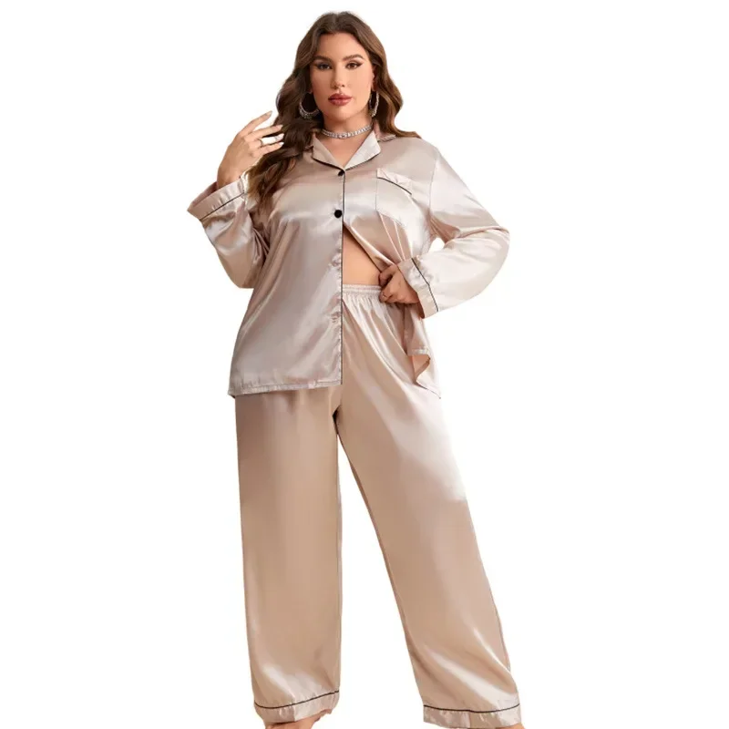 Plus Size Ladies Pajamas Spring and Autumn Ice Silk Thin Trousers Cardigan Imitation Silk Sexy Solid Color Comfortable Home Suit