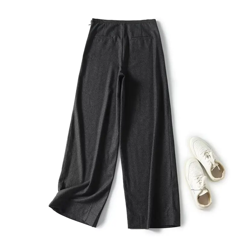 Withered Minimalist Women's 15% Wool Blend Casual Pants Women Grey Color Casual Trousers Fashion Ladies Wide Leg Pants