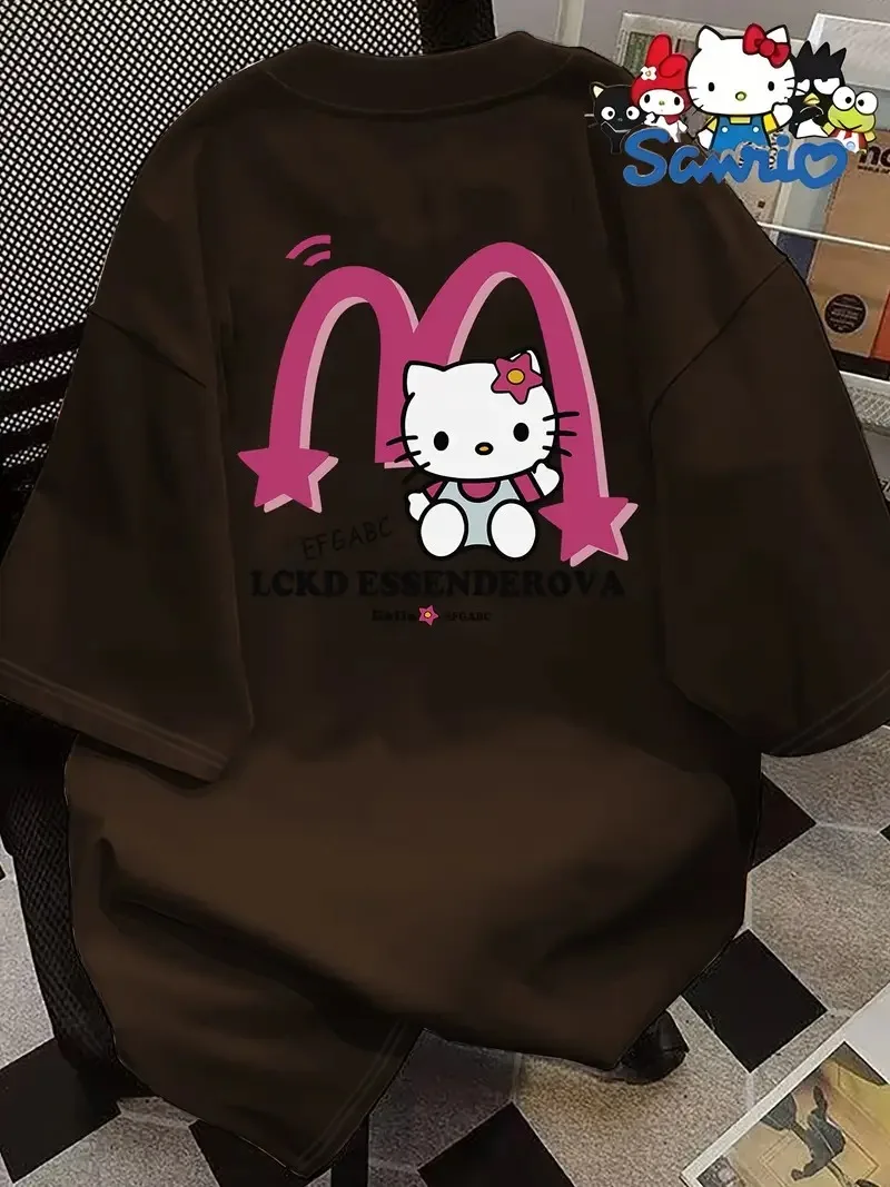 تي شيرت قطني بتصميم سانريو هالو كيتي مع نجمة قوس وردية ونص عصري EFGABC CKD ESSENDEROVA قطن مطبوع #2