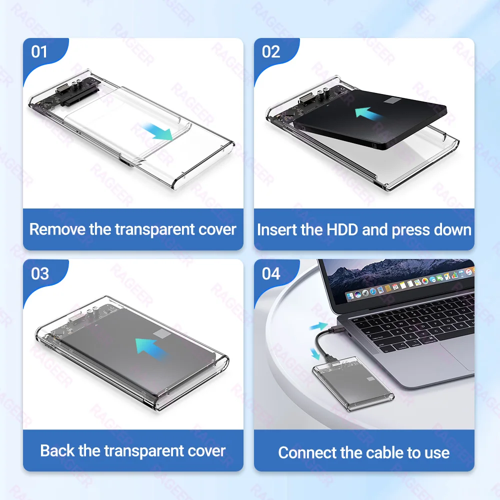 RAGEER Tool- free Transparent 2.5 Inch External Hard Drive Enclosure - Fast 5Gbps Micro-B to USB 3.0  SATA HDD Adapter Case