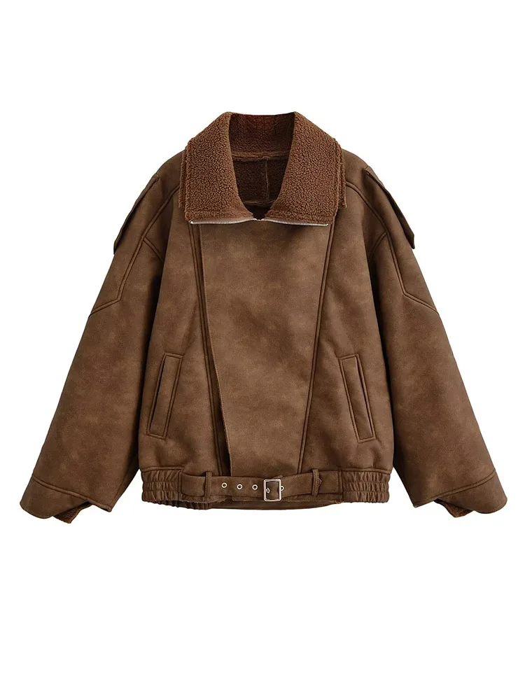 سترة HH Woman الأنيقة الشتوية على طراز الشارع وأكمام طويلة وسحاب وحزام وجيب مزخرفة من الجلد الصناعي #3