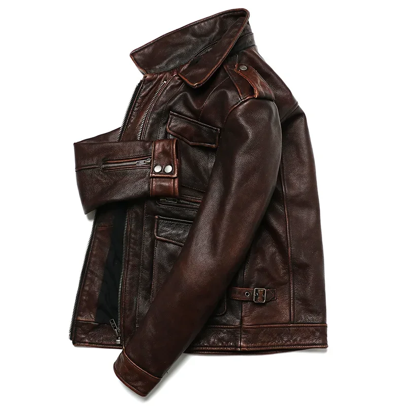 Brown Vintage Style Genuine Leather Jacket Men Natural  Fashion Slim Coat Jackets Man