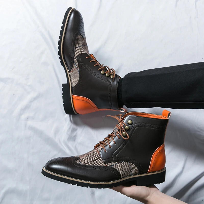 

Block Men Boots PU Splicing Mixed Color Low Heel High Top Strap Fashion Comfortable Classic Business Banquet Boots