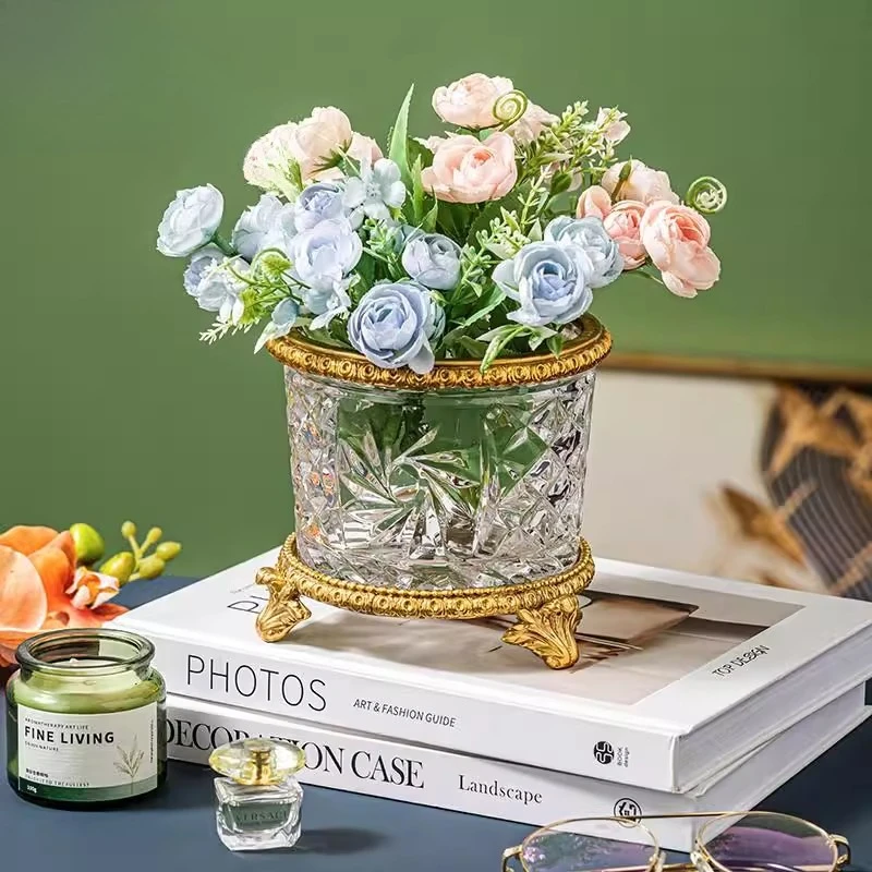 European luxury brass crystal glass makeup brush storage bucket pen holder desktop remote control storage cup flower insert