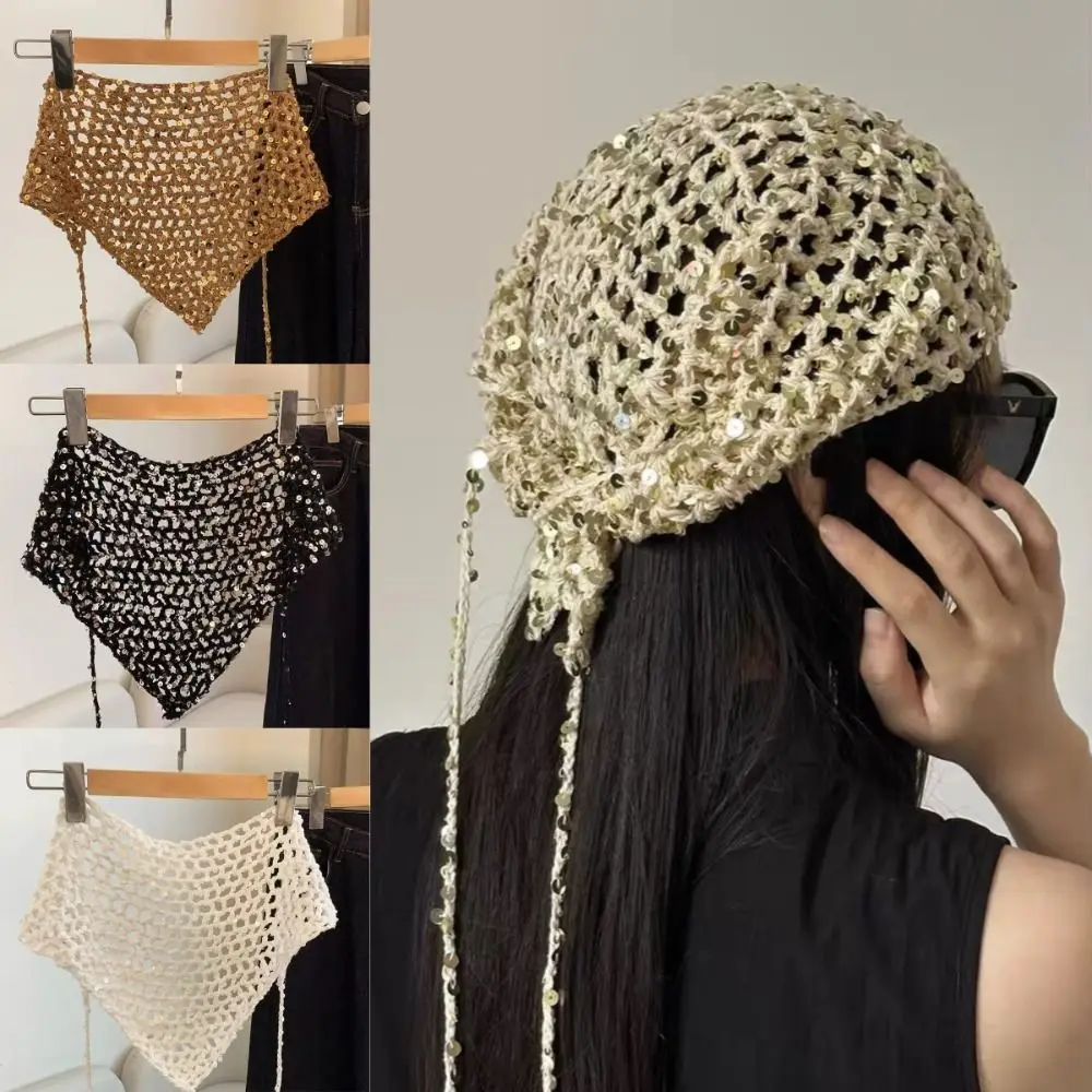 

Trendy Sequined Headscarf Headband Hollow Ins Style Knitted Triangle Scarf Versatile Y2K Beanies Headband Summer Travel