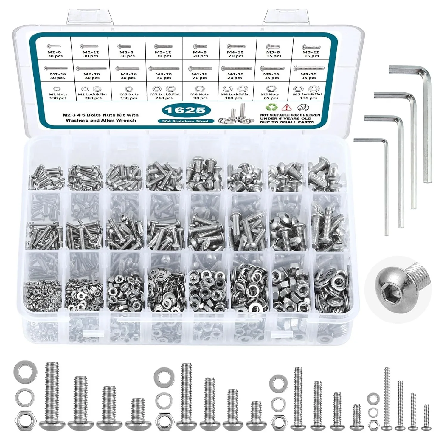 1625 Pieces M2 M3 M4 M5 304 Stainless Steel Hexagonal Semi-Round Head Bolts, Screws, Nuts, and Washers Set