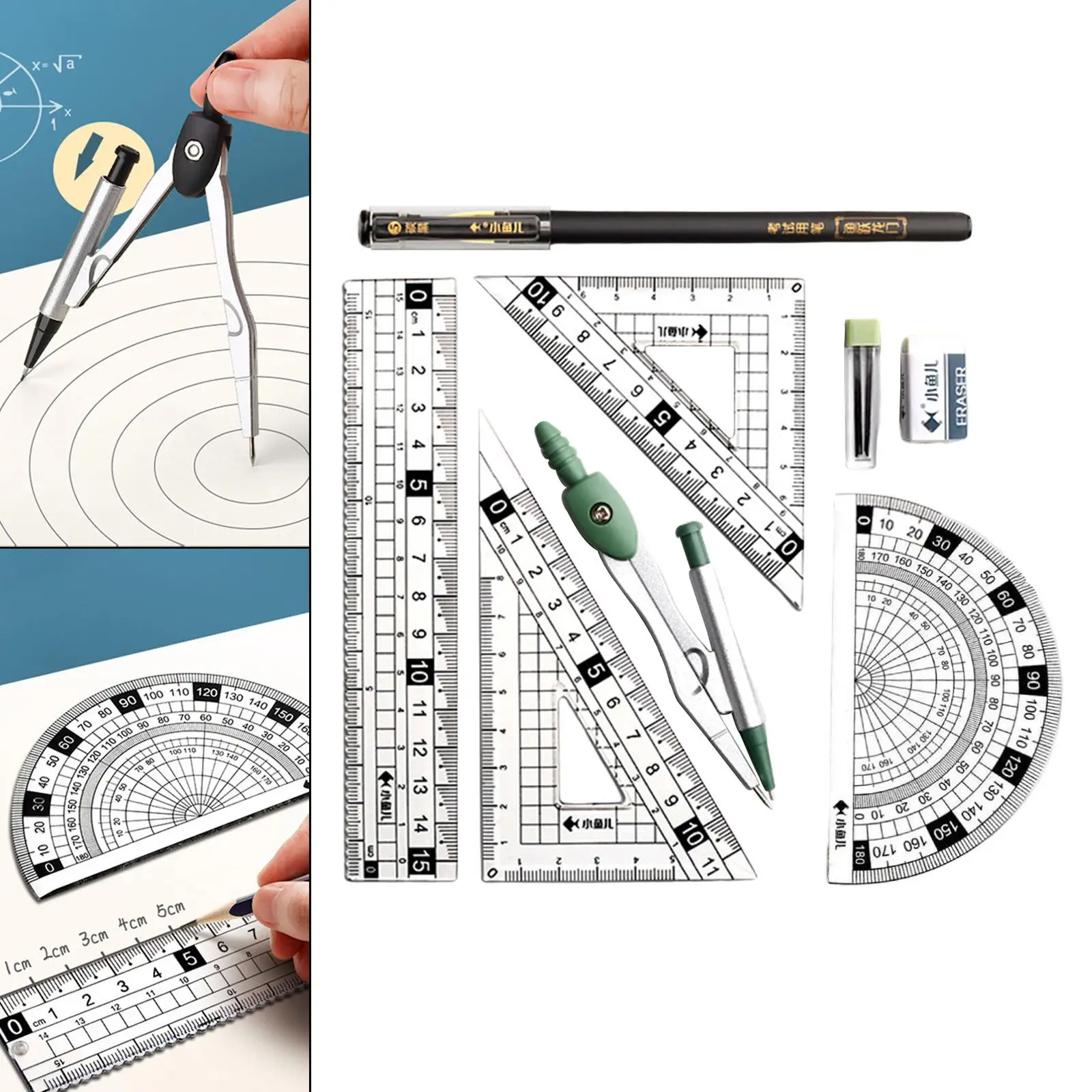مجموعة مسطرة الرياضيات الهندسية مع أداة رسم متعددة الوظائف منقلة وبوصلة لمكتب دراسة الطلاب #2