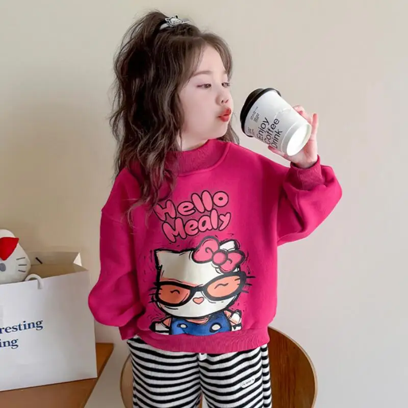

Толстовка с капюшоном Hello Kitty Kawaii для девочек, осень-зима, новый плюшевый толстый детский модный повседневный милый удобный пуловер с героями мультфильмов аниме