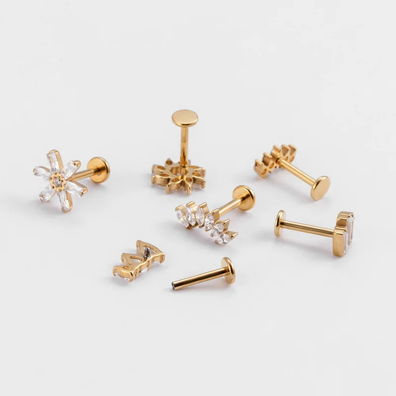 

1PC G23 Titanium Internal Thread Ear Studs Zircon Flower Cartilage Helix Conch Tragus Lip Stud Labret Piercing Lobe Jewelry 16G