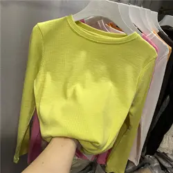 Internet Celebrity Bright Color Fashion Colorful Beautiful Versatile Round Neck Gorgeous Women's Long Sleeved T-shirt New 2024