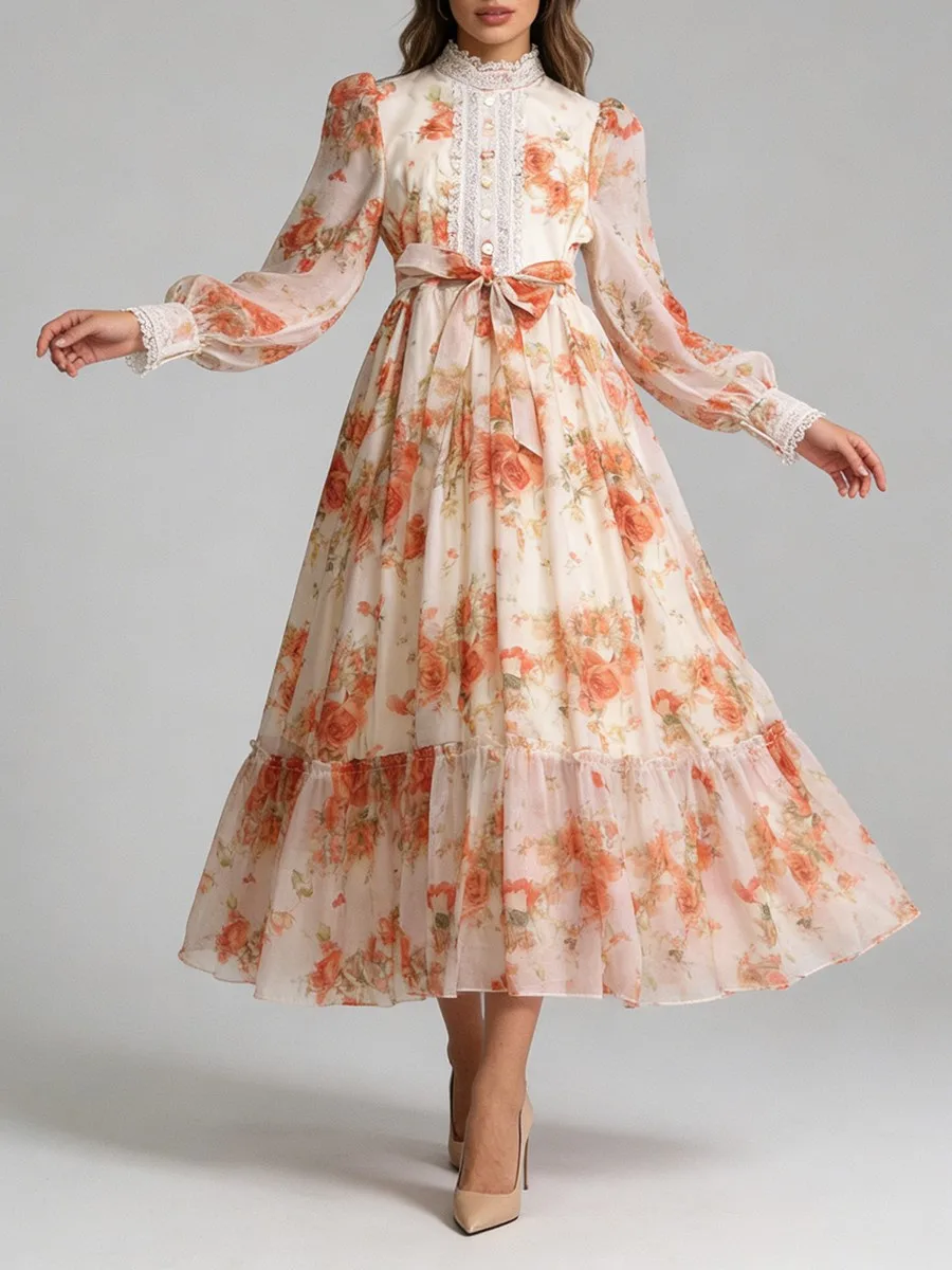 Robes élégantes pour femmes TWOTWINSTYLE, imprimé français, dentelle transparente, col montant, manches longues, patchwork, plis, robe féminine