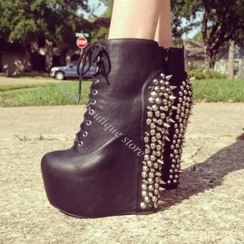 Punk Wedge Platform Black Cross Lace-Up Rivets Back Studs Ankle Boots Sexy Spikes Rock Boots Woman Shoes Zapatos Mujer