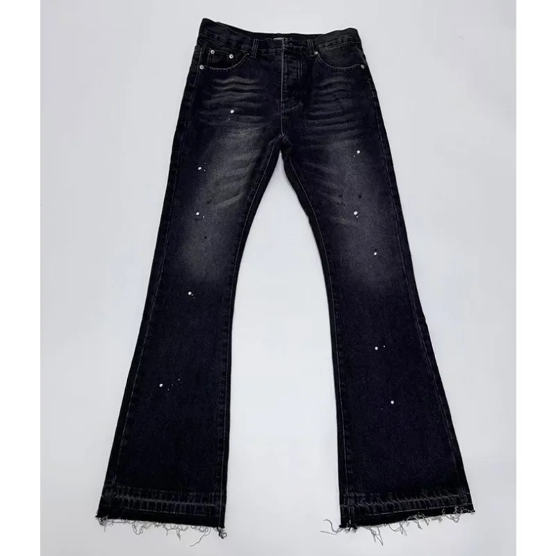 Men Vintage Splatter Flare Jeans Raw Frayed Hem Destroyed Washed Denim Pants Slim Y2K Vibe Streetwear Casual Long Trousers
