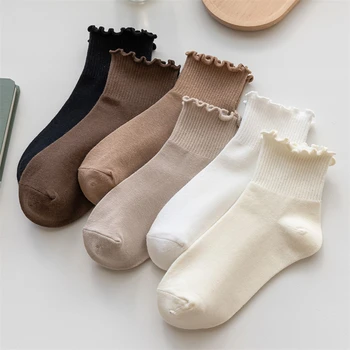 Calcetines para mujer, bonitos calcetines cortos transpirables de estilo japonés para niñas, calcetines Kawaii de Color sólido con volantes, calcetines informales dulces