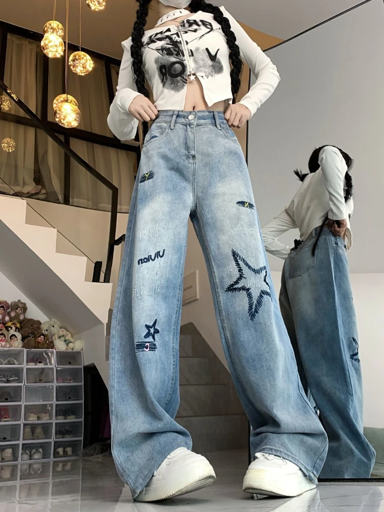 Women's Star Embroidered Jeans High Street Baggy Denim Pants Spring New Loose Straight Wide Leg Trousers Vintage Wash