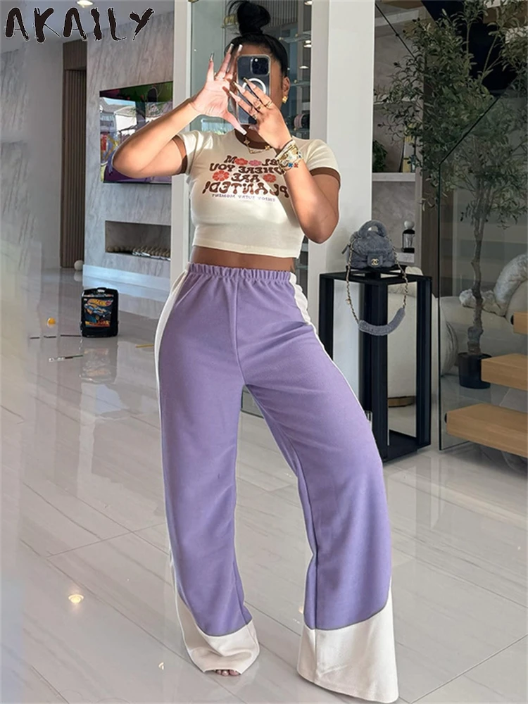 

Akaily Autumn Casual Purple Loose Pants Women 2024 Fashion Side Panelled Patchwork High Waist Sweatpants Streetwear Trousers