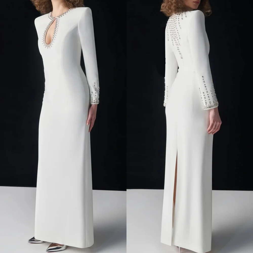 

Customized High Quality Classic Jersey Rhinestone Pleat Straight Scoop Neck Ankle Length Dresses Bespoke Occasion Dresses Formal