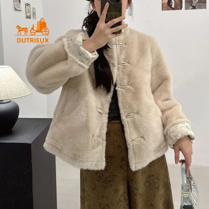New Winter Reversible Fur Coat for Women, 100% Suede, Fashionable Travel Office Warm Buttoned Floral Coat Fur Jacket for Women