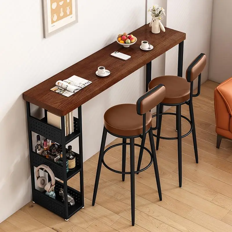 Wrought iron solid wood dining table Bar counter Household wall narrow table Leisure high table and chairs