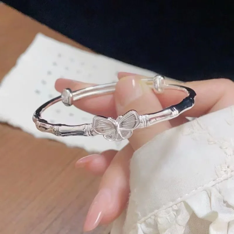 Elegant 999 Pure Silver Bamboo Bangle Adjustable Women Jewelry Gift