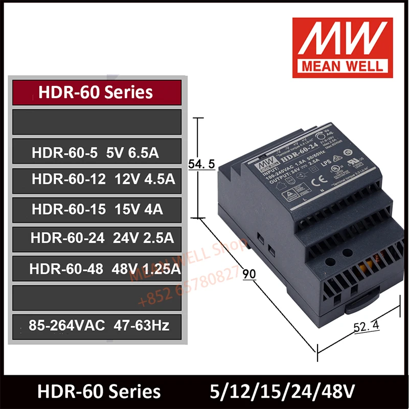 MEAN WELL 60W Ultra Slim Step Shape DIN Rail HDR-60-5 HDR-60-12 HDR-60-15 HDR-60-24 HDR-60-48 Track type switching power supply