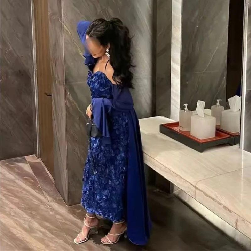 

Detachable Train Party Dresses Blue Sweetheart Neck Spaghetti Strap Evening Dresses Floor-Length 3D Flower Prom Dresses