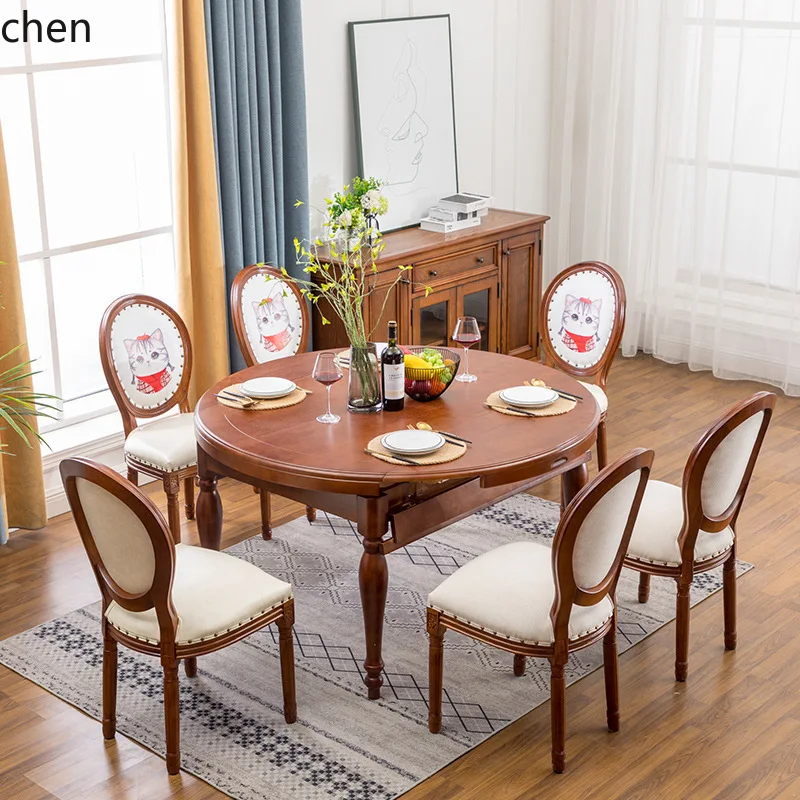 HT Solid Wood Folding Dining Table Multi-Functional Small Apartment Extendable Dining Table and Chair Set Transformable Round