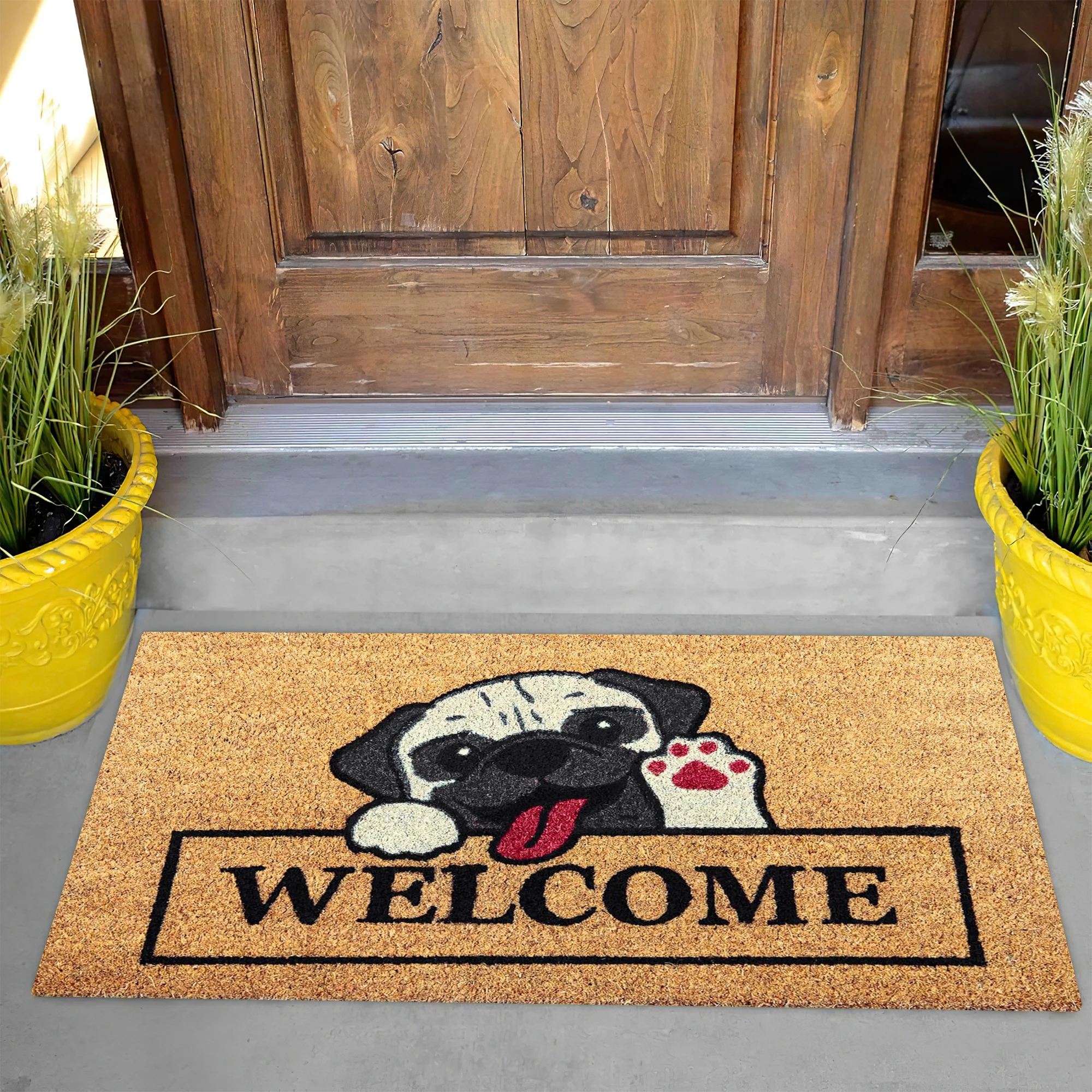 Adorable Pug Welcome Doormat Non-Slip Rubber Back Funny Peeking Pug Paw Entry Mat Cute Home Decor Rug for Front Door