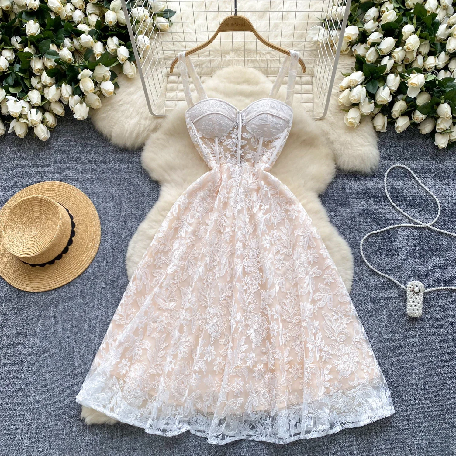 Chic Lace Elegant Embroidered Straps A-line Dress High Street Women Vintage Korean Fashion Slim Evening Party Summer Clothing