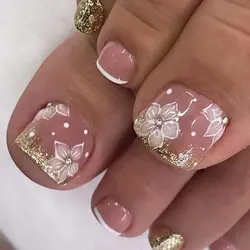 24szt Glitter Crystal French Press On Toenails Diamond Decor Fałszywe paznokcie z kwadratową główką Sztuczne paznokcie zdejmowanymi paznokciami