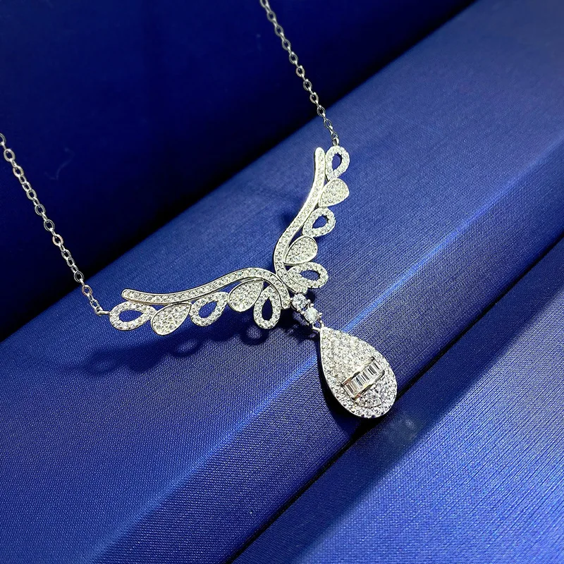 2023 New Fashion Angel Wings High Carbon Diamond Necklace 925 Sterling Silver Collar Chain for Women