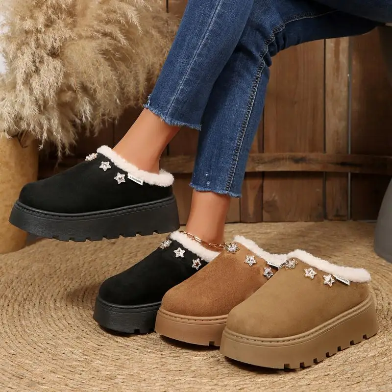

Platform Slippers for Women Chunky Wedge Heel Furry Cotton Shoes for Women Fashionable Warm Plush Mules Thick Bottom Casual Shoe