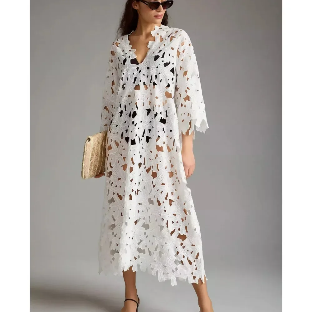 CPSYMYM Abiti grembiule da vacanza al mare da donna sexy vuoti Abito femminile in pizzo allentato casual moda estiva