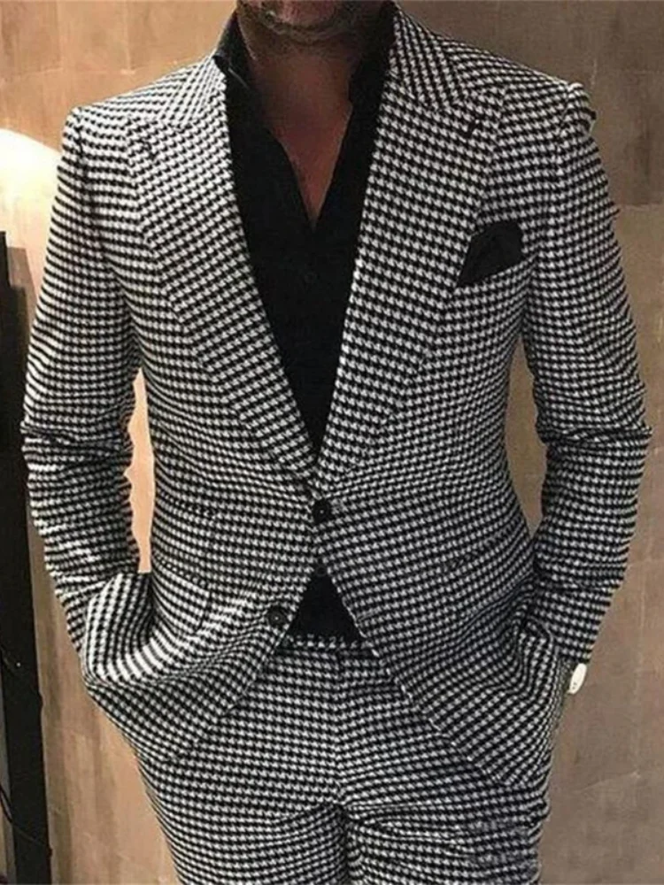 2 Piece Plaid Men Suits for Wedding Houndstooth Checkered Groom Tuxedos Male Fashion Clothes 2024 Costumes Set Jacket with Pants