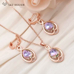 S&Z DESIGN New Fashion Egg Shape Oval Dangle Earrings Jewelry Sets For Women Cubic Zirconia 585 Rose Gold Color Pendant Necklace
