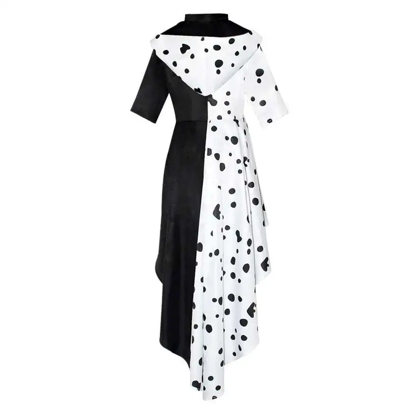 Robe Cruella de Vil pour femmes et filles, robe de femme de chambre noire et blanche, tenues de perruque, olympiques de fête d'Halloween, vêtements de cosplay