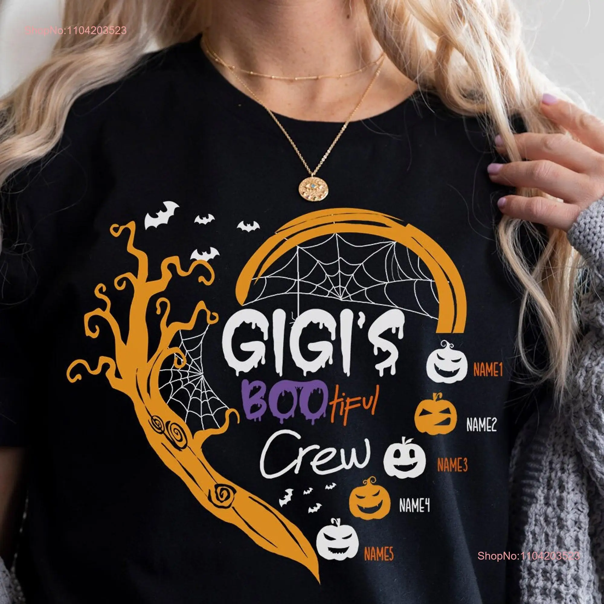 Gigi Bootiful Crew Grandma Halloween T Shirt Personalized With Grandkids Names Spooky long or short sleeves