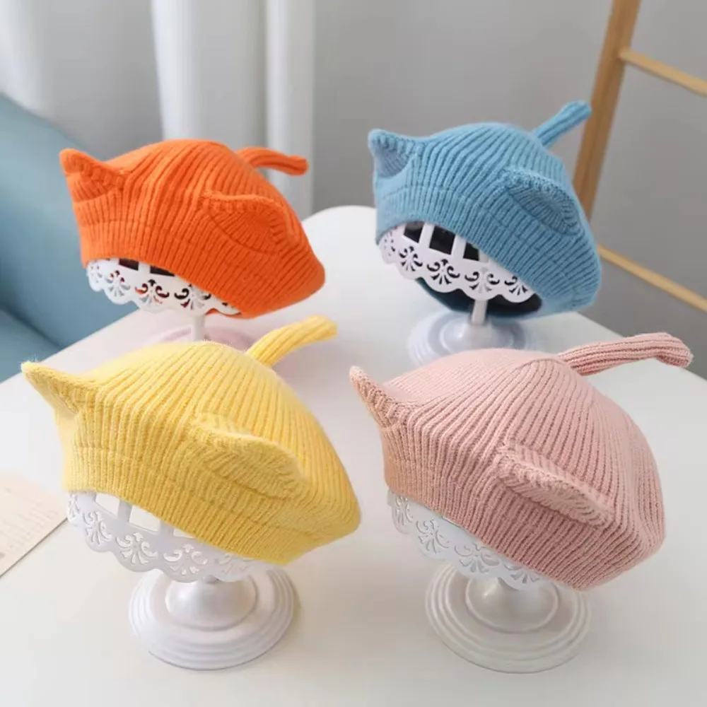 New Wool Beanie Cap Cat Ears Solid Color Painter Cap Knitted Warm Beret Hat Kids